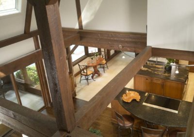 Top-down view of post beam architecture above living room